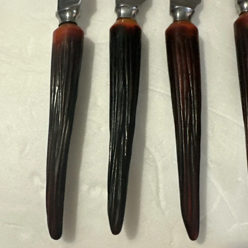 6 VTG Mid Century Sheffield England Stainless Steak Knive Faux Stag Horn Handles